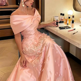Elegant Mermaid Off The Shoulder Satin Pink Appliques Long Prom Dresses Party Dress HZ1024