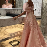 Elegant Mermaid Off The Shoulder Satin Pink Appliques Long Prom Dresses Party Dress HZ1024