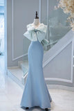 Elegant Mermaid Satin Blue Long Prom Dresses With Bow-knot Party Dress HZ1024