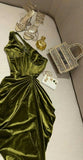 Classy Sheath One Shoulder Olive Green Velvet Prom Dresses Evening Dress HZ1024