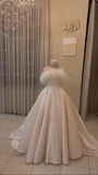 Chic Ball Gown Strapless Sleeveless White Satin Wedding Dresses With Feather HZ1024