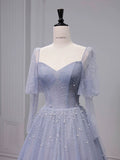 Chic Ball Gown Strapless Blue Tulle Long Prom Dresses With Beads Party Dress HZ1024