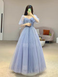 Chic Ball Gown Strapless Blue Tulle Long Prom Dresses With Beads Party Dress HZ1024