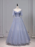 Chic Ball Gown Strapless Blue Tulle Long Prom Dresses With Beads Party Dress HZ1024