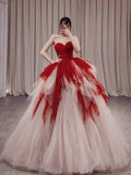 Pretty Ball Gown Sweetheart Tulle Long Red Layers Prom Dresses Sweet 16 Dresses HZ1024