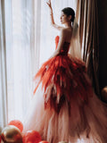 Pretty Ball Gown Sweetheart Tulle Long Red Layers Prom Dresses Sweet 16 Dresses HZ1024