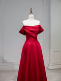 Elegant A line Off The Shoulder Red Satin Party Dress Prom Dresses Evening Dress HZ1024
