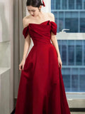 Elegant A line Off The Shoulder Red Satin Party Dress Prom Dresses Evening Dress HZ1024