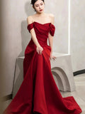 Elegant A line Off The Shoulder Red Satin Party Dress Prom Dresses Evening Dress HZ1024