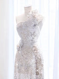 Elegant A Line One Shoulder Silver Sequin Party Dress Prom Dresses Evening Dress HZ1024