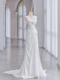 Chic Sheath Strapless Sleeveless White Satin Wedding Dresses With Ruffles HZ1024