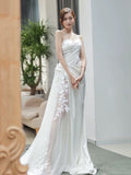 Chic Sheath Strapless Sleeveless White Satin Wedding Dresses With Ruffles HZ1024