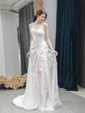 Chic Sheath Strapless Sleeveless White Satin Wedding Dresses With Ruffles HZ1024