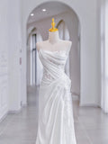Chic Sheath Strapless Sleeveless White Satin Wedding Dresses With Ruffles HZ1024