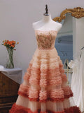 Pretty Ball Gown Strapless Tulle Layers Long Pink Ruffles Prom Dresses Sweet 16 Dresses HZ1024