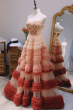 Pretty Ball Gown Strapless Tulle Layers Long Pink Ruffles Prom Dresses Sweet 16 Dresses HZ1024