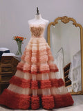 Pretty Ball Gown Strapless Tulle Layers Long Pink Ruffles Prom Dresses Sweet 16 Dresses HZ1024