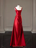 Simple A-line Square Neckline Satin Red Long Evening Dress Prom Dress HZ1024