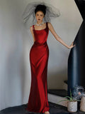 Simple A-line Square Neckline Satin Red Long Evening Dress Prom Dress HZ1024