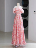 Fairy Style A-line Off Shoulder Strapless Pink Long Evening Dress Prom Dress HZ1024