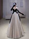 Pretty Ball Gown Strapless Tulle Layers Long Champagne Ruffles Prom Dresses Sweet 16 Dresses With Gloves HZ1024