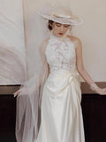 Chic A line High Neckline Sleeveless White Satin Wedding Dresses With Ruffles HZ1024