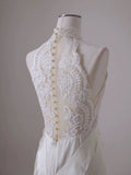 Chic A line High Neckline Sleeveless White Satin Wedding Dresses With Ruffles HZ1024