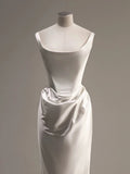 Chic Sheath Square Neckline Sleeveless White Satin Wedding Dresses With Ruffles HZ1024