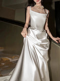Chic Sheath Square Neckline Sleeveless White Satin Wedding Dresses With Ruffles HZ1024