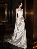 Chic Sheath Square Neckline Sleeveless White Satin Wedding Dresses With Ruffles HZ1024