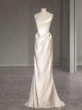 Chic Sheath Square Neckline Sleeveless White Satin Wedding Dresses With Ruffles HZ1024