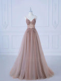 Elegant A-Line Spaghetti Straps Tulle Long Prom Dress Evening Dress HZ1024