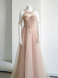 Elegant A-Line Jewel Neckline Tulle Long Prom Dress Evening Dress HZ1024
