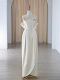Chic Sheath Strapless Sleeveless Ivory Satin Wedding Dresses With Ruffles HZ1024