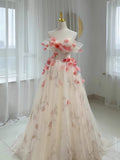 Elegant A-Line Off The Shoulder Flowers Tulle Long Prom Dress Evening Dress HZ1024