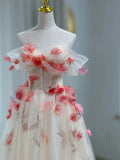 Elegant A-Line Off The Shoulder Flowers Tulle Long Prom Dress Evening Dress HZ1024