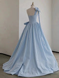 Elegant Ball Gown One Shoulder Light Sky Blue Satin Flowers Long Prom Dress Evening Dress HZ1024