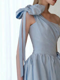 Elegant Ball Gown One Shoulder Light Sky Blue Satin Flowers Long Prom Dress Evening Dress HZ1024