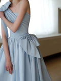 Elegant Ball Gown One Shoulder Light Sky Blue Satin Flowers Long Prom Dress Evening Dress HZ1024