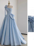 Elegant Ball Gown One Shoulder Light Sky Blue Satin Flowers Long Prom Dress Evening Dress HZ1024