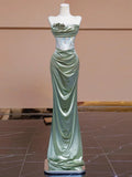 Sexy Mermaid Strapless Green Satin Evening Dress Long Prom Dresses Party Dress With Ruffles HZ1024