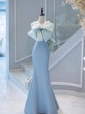 Elegant Mermaid One Shoulder Light Sky Blue Satin Bow Long Prom Dress Evening Dress HZ1024