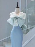 Elegant Mermaid One Shoulder Light Sky Blue Satin Bow Long Prom Dress Evening Dress HZ1024
