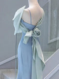 Elegant Mermaid One Shoulder Light Sky Blue Satin Bow Long Prom Dress Evening Dress HZ1024