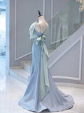 Elegant Mermaid One Shoulder Light Sky Blue Satin Bow Long Prom Dress Evening Dress HZ1024