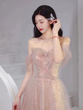 Elegant A Line Spaghetti Straps Pink Sequin Long Prom Dress Evening Dresses HZ1024