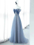Elegant A Line Off The Shoulder Blue Sequin Long Prom Dress Evening Dresses HZ1024