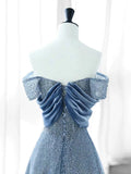 Elegant A Line Off The Shoulder Blue Sequin Long Prom Dress Evening Dresses HZ1024