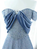 Elegant A Line Off The Shoulder Blue Sequin Long Prom Dress Evening Dresses HZ1024