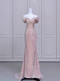 Elegant Mermaid Off The Shoulder Pink Sequin Long Prom Dress Evening Dresses HZ1024